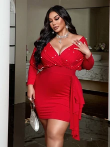NU&NOW Spring Autumn Winter Bubble V-Neck Ruffle Trim Knit Fabric Sexy Elegant Party Banquet Date Outfit Flattering Figure-Enhancing Sophisticated High-End Red Plus Size Women's Dress - Red - View 3