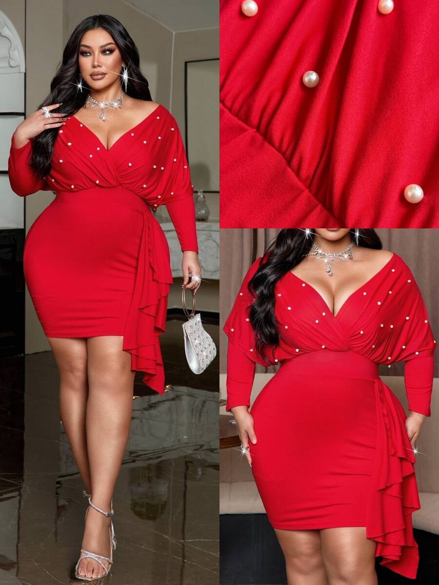 NU&NOW Spring Autumn Winter Bubble V-Neck Ruffle Trim Knit Fabric Sexy Elegant Party Banquet Date Outfit Flattering Figure-Enhancing Sophisticated High-End Red Plus Size Women's Dress - Red - View 1