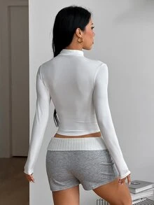 Coolane 女款秋冬街頭風運動休閒健身瑜伽外出日常穿著白色彈性緊身胸衣長袖外套 - 白色 - 查看 6