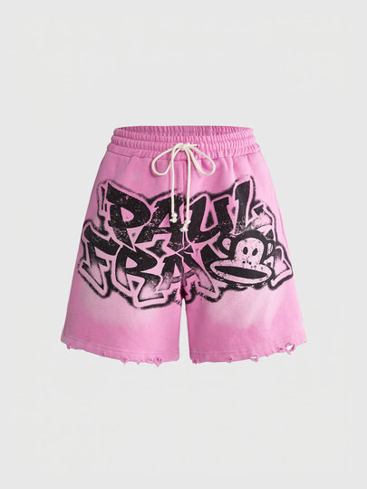Paul Frank X ROMWE Women's Oversized Letter Print Drawstring Waist Shorts, Sexy Street Style, Spring/Summer