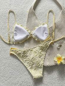 SHEIN Swim 女款泳衣套裝，島嶼海灘度假風，荷葉邊雙肩帶，紋理面料，淡黃色女款泳衣 - 淡黃色 - 查看 6