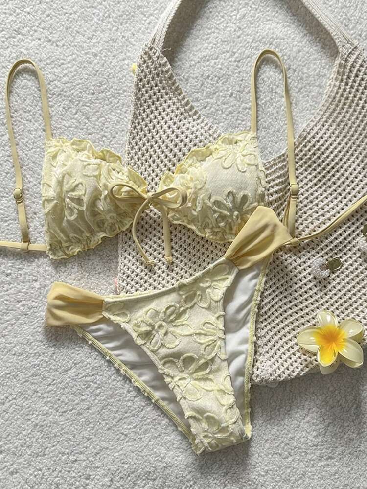 Swim Mod Women's Swimwear Set, Island Beach Vacation, Ruffled Double Shoulder Straps, Textured Fabric, Pale Yellow Women's Swimwear - Light Yellow - View 2