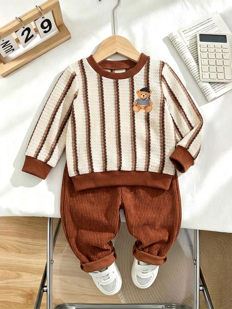 Souflis Souflis 2pcs Baby Boy Baby Boy Sweatshirt Pants Set Cute Brown Cream Bear Striped Ribbed Long Sleeve Round Neck Regular Holiday Fall Christmas Halloween - Khaki - View 3