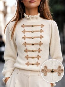 SHEIN PariChic كنزة صوفية نسائية أنيقة للخريف/الشتاء مزينة بحافة مكشكشة، ملابس علوية علوية محبوكة بلون موحد مع أزرار ضفدعية وتطريز، ملابس محبوكة بأكمام طويلة للتنقل - لون مشمشي - مشاهدة 1