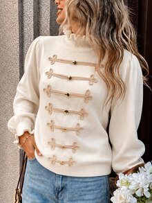 SHEIN PariChic كنزة صوفية نسائية أنيقة للخريف/الشتاء مزينة بحافة مكشكشة، ملابس علوية علوية محبوكة بلون موحد مع أزرار ضفدعية وتطريز، ملابس محبوكة بأكمام طويلة للتنقل - لون مشمشي - مشاهدة 3