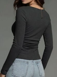 LUMIGAL Kaos Wanita Lengan Panjang Kerah Asimetris Warna Polos, Potongan Slim Fit - Grey - View 2