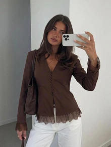 Siren Gaze Fall Women's Lady's Dark Black Lace V-Neck Lace Long-Sleeve Winter Autumn Coat Elegant Christmas, Halloween Party Lace Trim Blazer Office Going Out - Brown - View 7