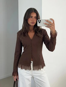 Siren Gaze Fall Women's Lady's Dark Black Lace V-Neck Lace Long-Sleeve Winter Autumn Coat Elegant Christmas, Halloween Party Lace Trim Blazer Office Going Out - Brown - View 1
