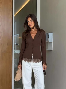 Siren Gaze Fall Women's Lady's Dark Black Lace V-Neck Lace Long-Sleeve Winter Autumn Coat Elegant Christmas, Halloween Party Lace Trim Blazer Office Going Out - Brown - View 2