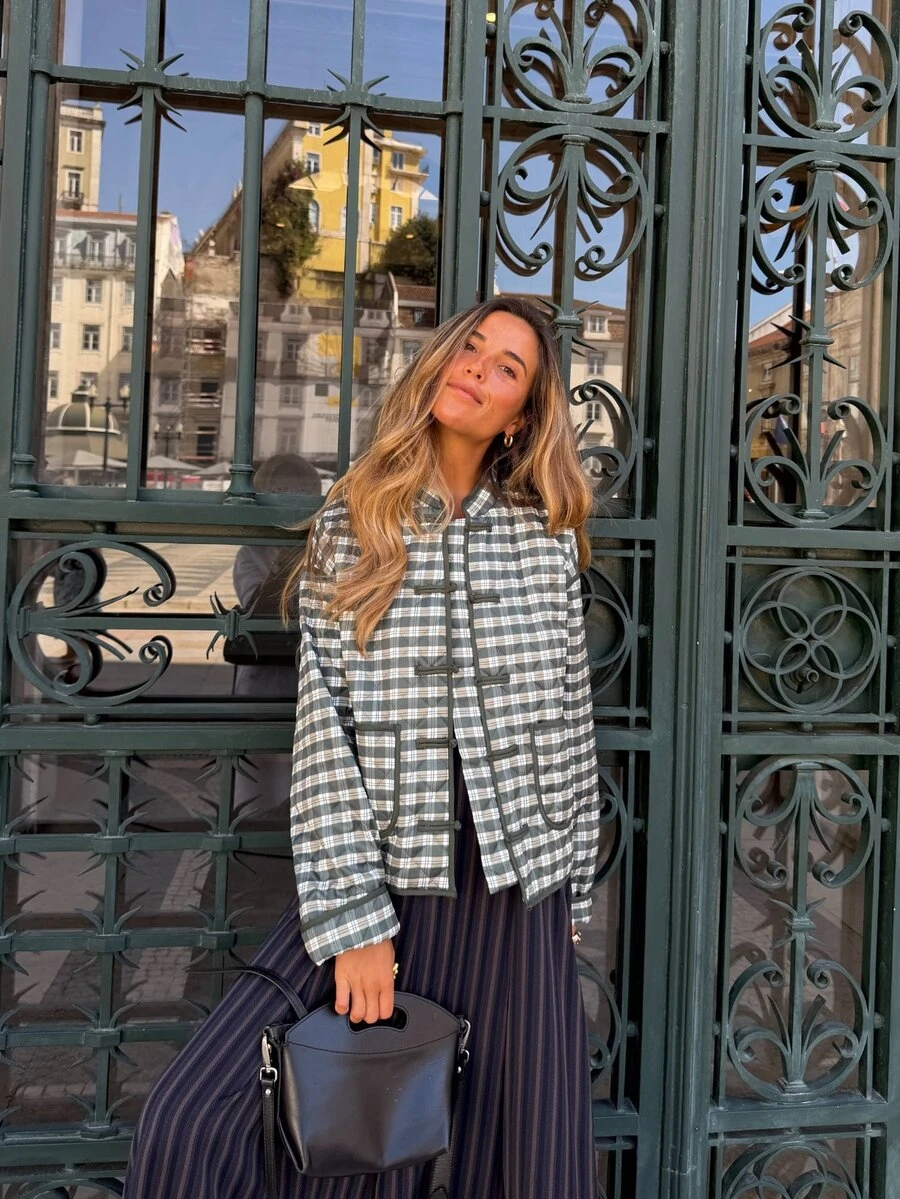 Nöista Green Plaid Quilted Jacket With  And Buttons. Casual, Office Wear, Back To College, Day To Night. Travel, Fall, Autumn Winter Women's Jacket.. - Green - View 1
