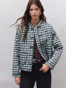 Nöista Green Plaid Quilted Jacket With  And Buttons. Casual, Office Wear, Back To College, Day To Night. Travel, Fall, Autumn Winter Women's Jacket.. - Green - View 3