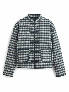 Nöista Green Plaid Quilted Jacket With  And Buttons. Casual, Office Wear, Back To College, Day To Night. Travel, Fall, Autumn Winter Women's Jacket.. - Green - View 7
