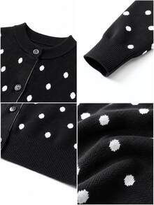 SHEIN كارديجان نسائي أسود وأبيض بنقاط بولكا كاجوال ريترو فينتاج متعدد الاستخدامات للاستخدام اليومي للبرنش والمكتب في فصل الخريف - الأسود - مشاهدة 5