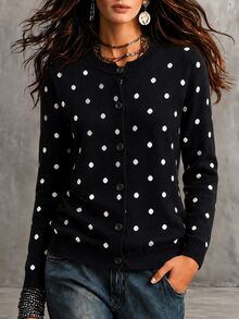 SHEIN كارديجان نسائي أسود وأبيض بنقاط بولكا كاجوال ريترو فينتاج متعدد الاستخدامات للاستخدام اليومي للبرنش والمكتب في فصل الخريف - الأسود - مشاهدة 6