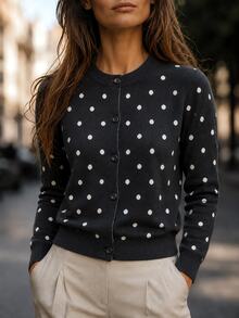 SHEIN كارديجان نسائي أسود وأبيض بنقاط بولكا كاجوال ريترو فينتاج متعدد الاستخدامات للاستخدام اليومي للبرنش والمكتب في فصل الخريف - الأسود - مشاهدة 4