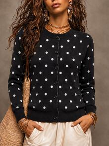 SHEIN كارديجان نسائي أسود وأبيض بنقاط بولكا كاجوال ريترو فينتاج متعدد الاستخدامات للاستخدام اليومي للبرنش والمكتب في فصل الخريف - الأسود - مشاهدة 3