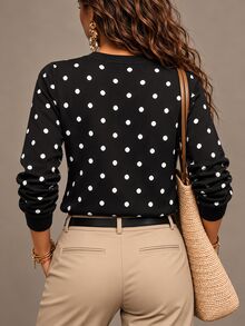 SHEIN كارديجان نسائي أسود وأبيض بنقاط بولكا كاجوال ريترو فينتاج متعدد الاستخدامات للاستخدام اليومي للبرنش والمكتب في فصل الخريف - الأسود - مشاهدة 2