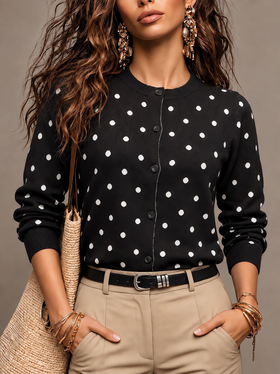 SHEIN كارديجان نسائي أسود وأبيض بنقاط بولكا كاجوال ريترو فينتاج متعدد الاستخدامات للاستخدام اليومي للبرنش والمكتب في فصل الخريف - الأسود - مشاهدة 1