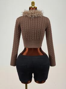Mistrie Women's Solid Color Long Sleeve Button Design Fur Collar Cropped Sweater Everyday Date Shades Of Brown Autumn Winter Retro Vintage - Brown - View 5