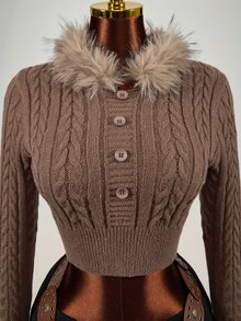Mistrie Women's Solid Color Long Sleeve Button Design Fur Collar Cropped Sweater Everyday Date Shades Of Brown Autumn Winter Retro Vintage - Brown - View 6