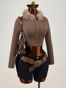Mistrie Women's Solid Color Long Sleeve Button Design Fur Collar Cropped Sweater Everyday Date Shades Of Brown Autumn Winter Retro Vintage - Brown - View 4
