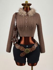 Mistrie Women's Solid Color Long Sleeve Button Design Fur Collar Cropped Sweater Everyday Date Shades Of Brown Autumn Winter Retro Vintage - Brown - View 7