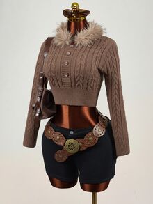 Mistrie Women's Solid Color Long Sleeve Button Design Fur Collar Cropped Sweater Everyday Date Shades Of Brown Autumn Winter Retro Vintage - Brown - View 2