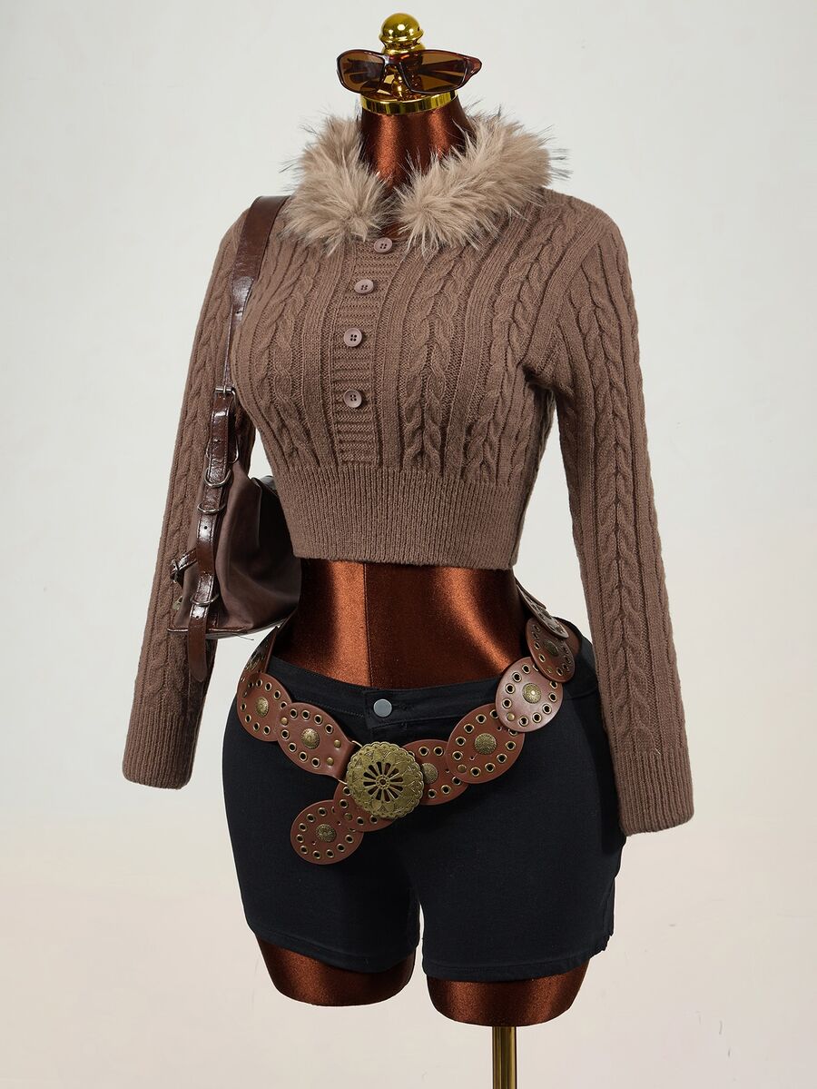 Mistrie Women's Solid Color Long Sleeve Button Design Fur Collar Cropped Sweater Everyday Date Shades Of Brown Autumn Winter Retro Vintage