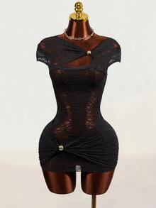 Mistrie Women's Asymmetric Collar Lace Cutout Design Sexy Bodycon Dress - Black - View 6
