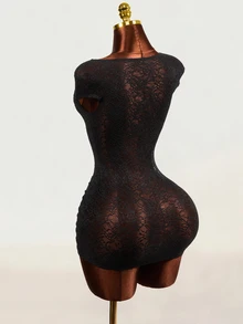 Mistrie Women's Asymmetric Collar Lace Cutout Design Sexy Bodycon Dress - Black - View 2