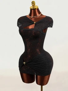 Mistrie Women's Asymmetric Collar Lace Cutout Design Sexy Bodycon Dress - Black - View 7