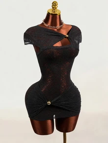 Mistrie Women's Asymmetric Collar Lace Cutout Design Sexy Bodycon Dress - Black - View 1