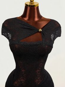 Mistrie Women's Asymmetric Collar Lace Cutout Design Sexy Bodycon Dress - Black - View 4