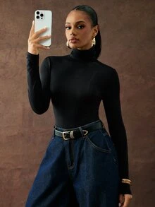 Hauture Sexy Sheer High Neck Bodysuit – Stretch Collared Long Sleeve Top For Mob Wife Night Out & Party Looks - Black - View 2