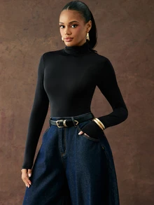 Hauture Sexy Sheer High Neck Bodysuit – Stretch Collared Long Sleeve Top For Mob Wife Night Out & Party Looks - Black - View 4