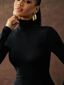 Hauture Sexy Sheer High Neck Bodysuit – Stretch Collared Long Sleeve Top For Mob Wife Night Out & Party Looks - Black - View 6