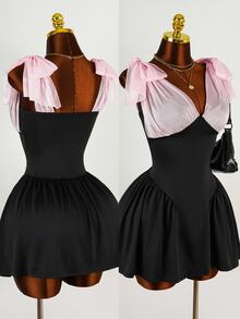 Mistrie Women's Colorblock Patchwork Bow Decor Dress Night Out Date Night Black And Pink Summer Sexy - Multicolor - View 10
