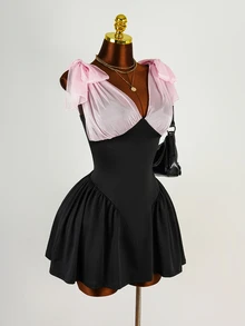 Mistrie Women's Colorblock Patchwork Bow Decor Dress Night Out Date Night Black And Pink Summer Sexy - Multicolor - View 2