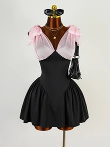 Mistrie Women's Colorblock Patchwork Bow Decor Dress Night Out Date Night Black And Pink Summer Sexy - Multicolor - View 4