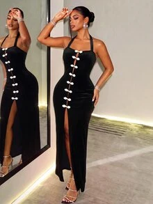 BamGleam Gaun Beludru Elegan dengan Kancing Katak dan Leher Halter Seksi dengan Tali Pengikat - Hitam - View 5