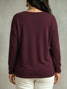 SHEIN LUNE 女式 V 领长袖落肩宽松柔软针织大码 T 恤，秋冬 - 中紫紅色 - 查看 2