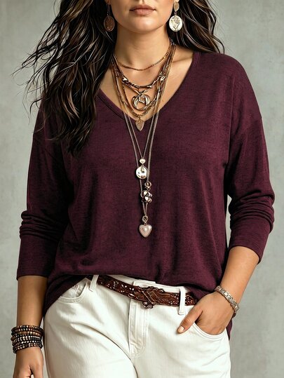 SHEIN LUNE Women V-Neck Long Sleeve Drop Shoulder Loose Soft Knit Plus Size T-Shirt, Autumn/Winter Fall Cloth For Women
