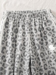 SHEIN 少女針織豹紋小立領休閒衛衣與寬鬆直筒長褲兩件套 - 淺灰色 - 查看 7