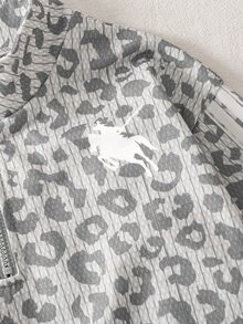 SHEIN 少女針織豹紋小立領休閒衛衣與寬鬆直筒長褲兩件套 - 淺灰色 - 查看 6