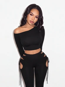 BamGleam Women's Solid Color Asymmetric Neck Long Sleeve Top And Hollow Out Leggings 2 Pieces Set - Black - View 6