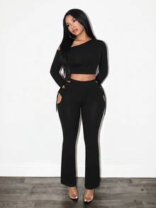 BamGleam Women's Solid Color Asymmetric Neck Long Sleeve Top And Hollow Out Leggings 2 Pieces Set - Black - View 4