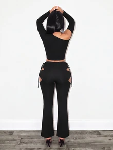 BamGleam Women's Solid Color Asymmetric Neck Long Sleeve Top And Hollow Out Leggings 2 Pieces Set - Black - View 2