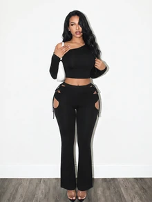 BamGleam Women's Solid Color Asymmetric Neck Long Sleeve Top And Hollow Out Leggings 2 Pieces Set - Black - View 7