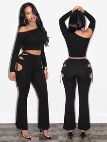 BamGleam Women's Solid Color Asymmetric Neck Long Sleeve Top And Hollow Out Leggings 2 Pieces Set - Black - View 9