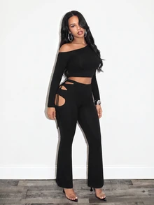 BamGleam Women's Solid Color Asymmetric Neck Long Sleeve Top And Hollow Out Leggings 2 Pieces Set - Black - View 3